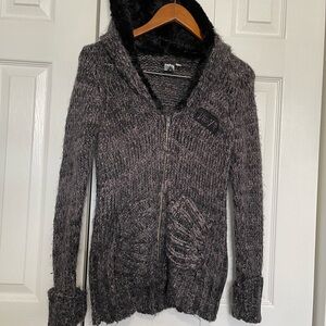Women’s Purple and Gray Zip-Front Faux Fur Hooded Sweater